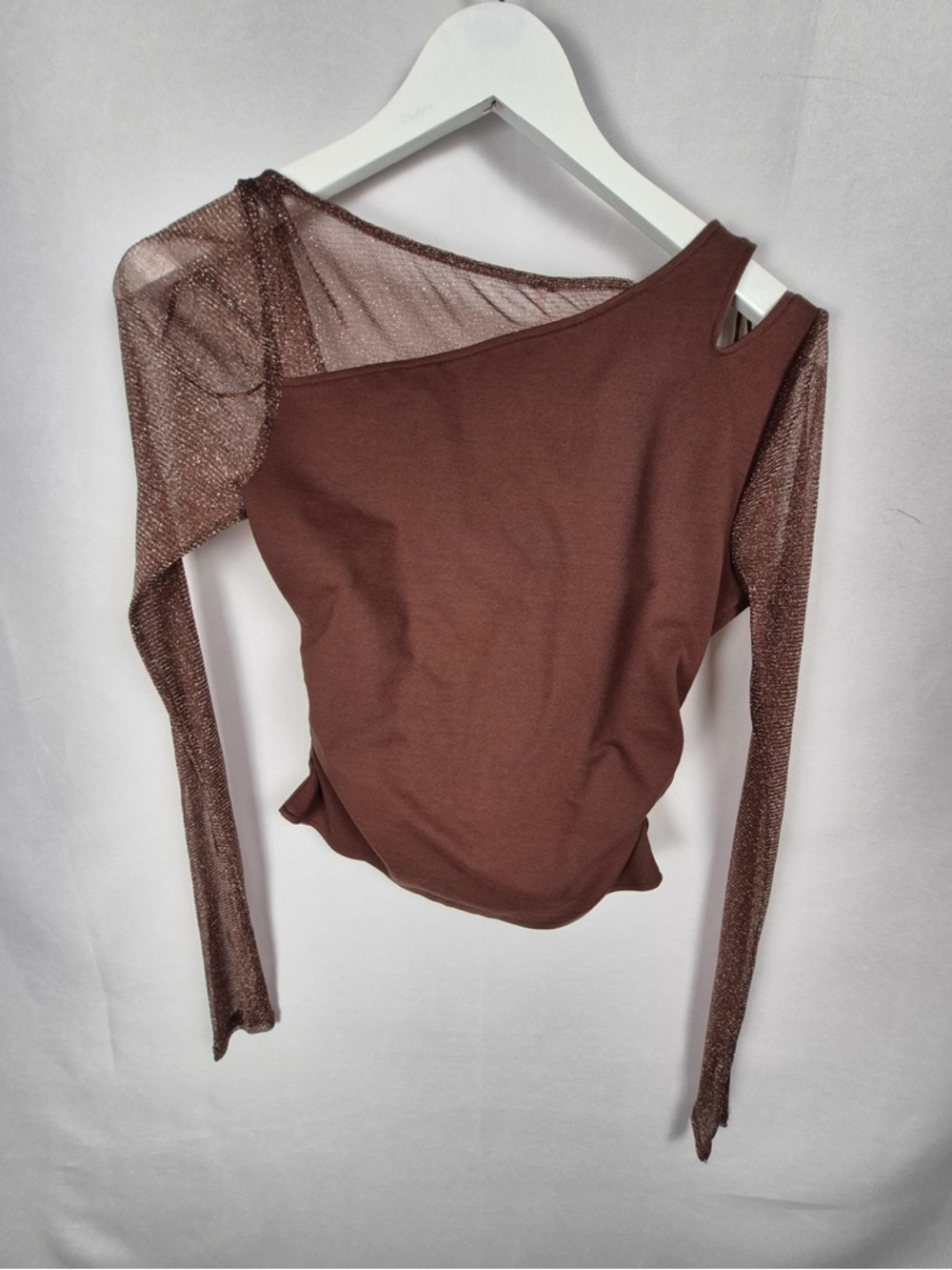 Zara One-Shoulder Brown Long Sleeve Mesh Top